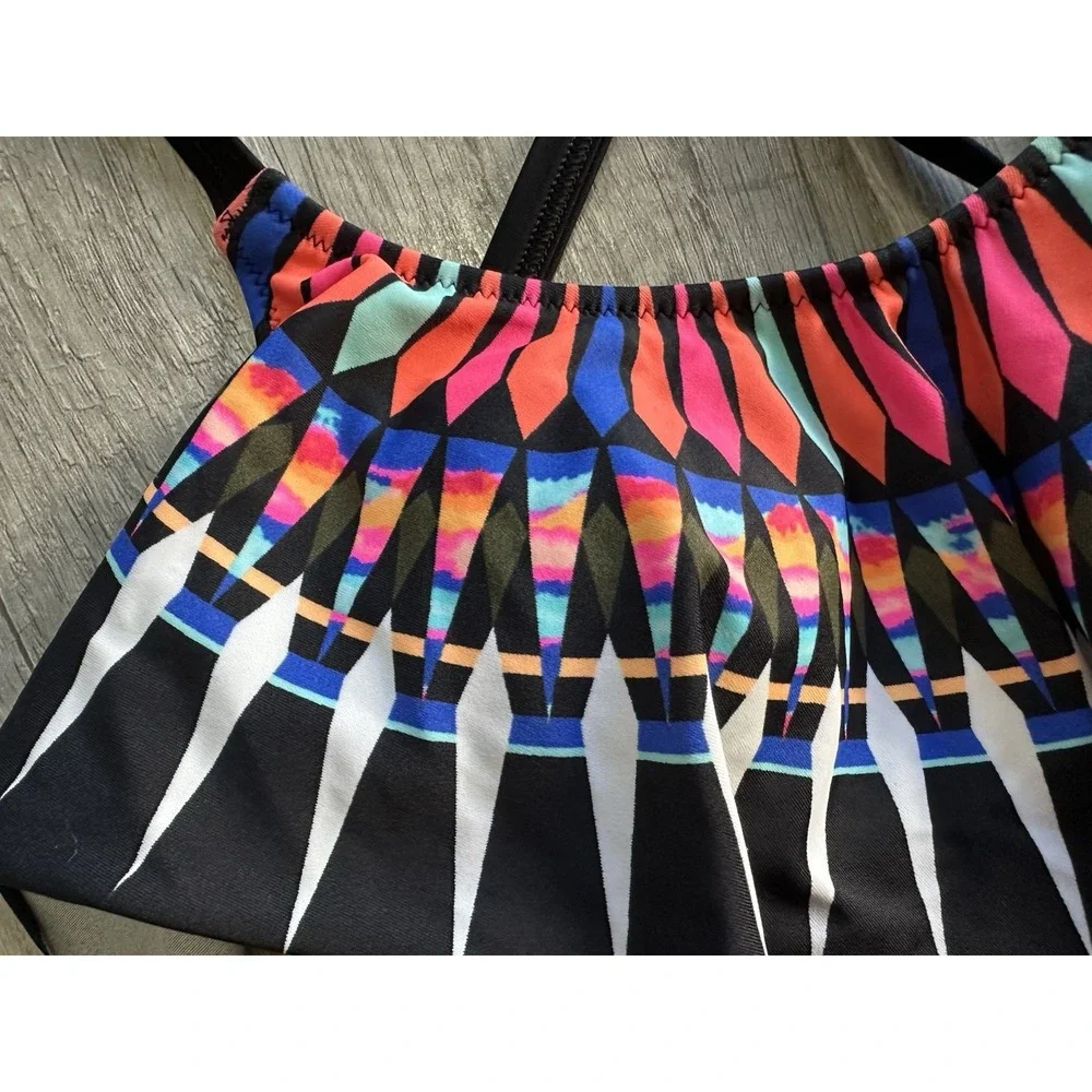 PINK Victoria's Secret Bikini Top Small Black Multicolor Flounce Ruffle Swim Top